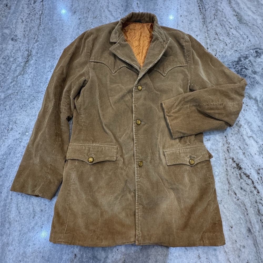 VTG 70s Pioneer Wear Brown Corduroy Coat Blazer Long Size Men's 38 L Hippie USA